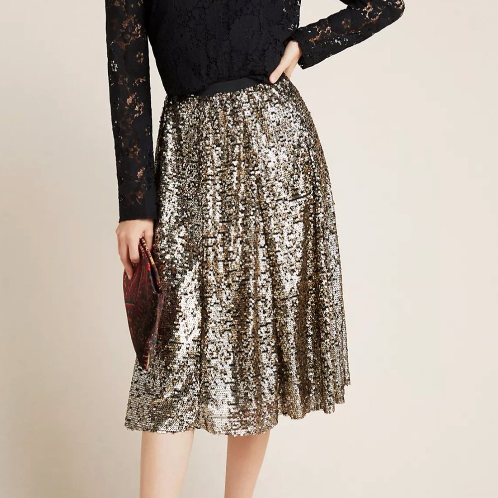 NWT Anthropologie Maeve Orleans Gold Sequin Skirt